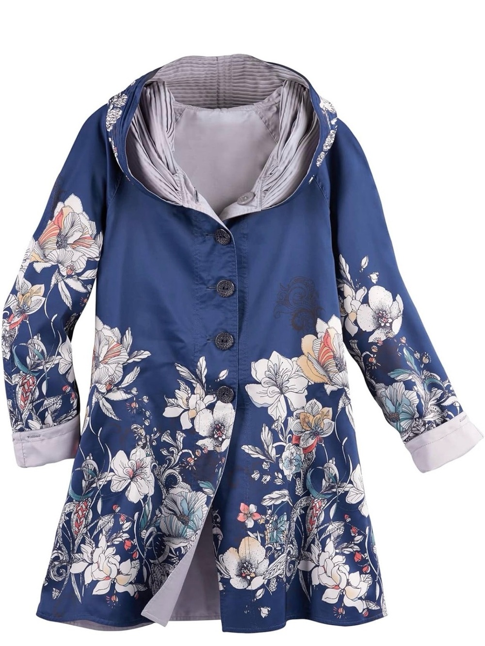 LINDI Womens Wildflower Reversible Raincoat Rain Jacket, Floral Print & Silver